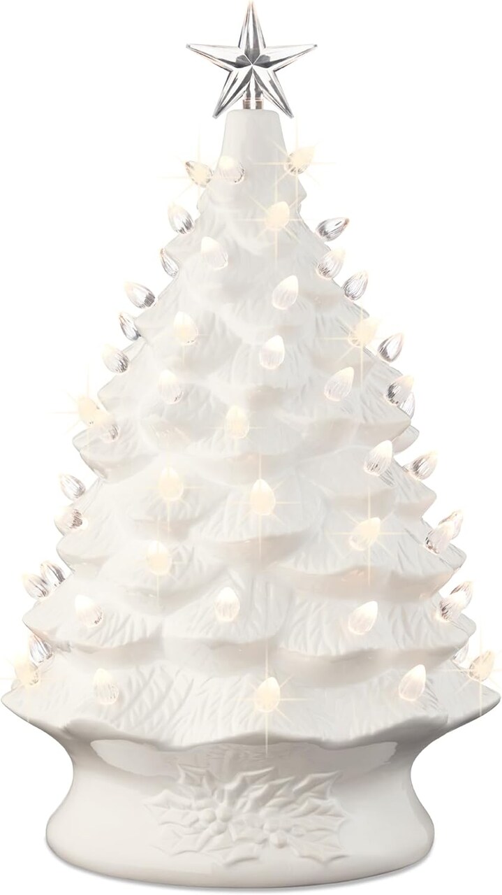 Ceramic Christmas Tree, Hand Painted Green Tabletop Tree with 74 Multicolor LED Bulbs & Star Topper